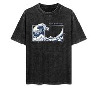Retro Washed Shirt Men's Unisex The Great Fibonacci Wave Round Neck Antique Wash T-Shirt Short Sleeve Black XXL