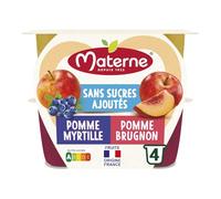 Retrouvez le plaisir du fruit sans sucres ajoutés avec MATERNE Compote Duo Pomme Myrtille et Pomme Brugnon, format 4x100g - Lot de 4