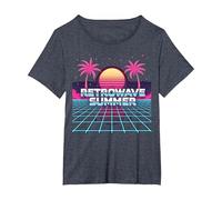 Retrowave Summer : Coucher de Soleil Tropical inspiré des années 80 T-Shirt, Femme Grandes Tailles, Bleu Chiné, 3X
