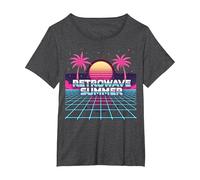 Retrowave Summer : Coucher de Soleil Tropical inspiré des années 80 T-Shirt, Femme Grandes Tailles, Chiné Foncé, 5X