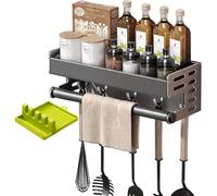 RETSAMV Porte-Épices Mural Sans Perçage 30/40/50 Cm, Spice Rack De Cuisine En Aluminium Avec 5 Crochets, Rangement Épices Cuisine Avec Barre À Serviette Et Support De Couvercle Vert (30cm)