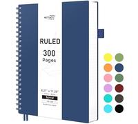 RETTACY Bloc-notes A4 à spirales, 300 feuilles/150 pages pour écrire, papier ligné universitaire 100 g/m², couverture rigide en PVC, 21,5 x 27,9 cm - Bleu marine