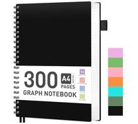 RETTACY Bloc-notes A4 quadrillé à spirale, 100 g/m², avec 300 pages/150 feuilles à dessiner, couverture rigide en plastique PVC, pour journal, conférence, voyage, 21,5 x 27,9 cm, noir