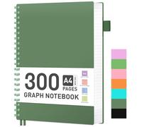 RETTACY Bloc-notes A4 quadrillé à spirales 100 g/m² avec 300 pages/150 feuilles à dessin, couverture rigide en plastique PVC, pour journal, conférence, voyage, 21,5 x 27,9 cm, vert foncé