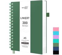 RETTACY Bloc-notes A5, carnet de notes, cahiers à spirales, 150 feuilles/300 pages à écrire, papier ligné de 100 g/m² pour le collège, couverture rigide en PVC, 14,5 x 21 cm - Vert foncé