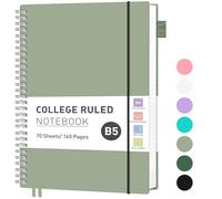 RETTACY Carnet B5 à spirales, 140 pages/70 feuilles lignées pour homme et femme, bloc-notes avec papier 100 g/m², poche en PVC, boucle pour stylo, règle, marque-page, 19 x 25 cm, vert clair