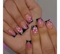 Reusable Plastic Faux Nails With Black Red Floral Pattern For Daily Wear And Special Occasions Press On Nail Tips