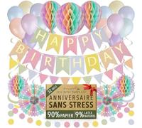 Réutilisable Kit Déco Anniversaire Pastel - 32 Pièces avec Ballon Pastel, Banderole Joyeux, Guirlande, Pompons, Déco Papier Nid D’abeille, Décoration Fille, Femme, Enfant Di Itsy Bitsy Party Co.