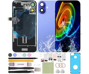 ReuWeu Coque d'écran arrière de rechange compatible avec iPhone 16 Plus tous les transporteurs 6,7" + plaque préinstallée + câble flexible de bobine de charge sans fil + microphone + lampe de poche +