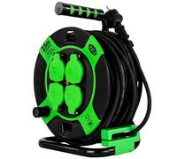 REV Enrouleur de câble, 25 m, H05RR, IP44, 3000 W, câble de rallonge, extérieur, 4 prises, interrupteur thermique, vert