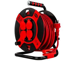 REV Enrouleur de câble, 25 m, H07RN, IP44, 3000 W, câble de rallonge, extérieur, 4 prises de contact de protection, rouge