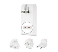 REV Prise de Voyage avec 2 x USB-C 65 W - Adaptateur de Voyage dans Le Monde Entier (États-Unis, Royaume-Uni, UE, AU, Chine) - Chargeur Rapide pour Smartphone et Tablette, Compact et Plat, Blanc