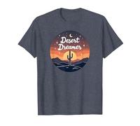 Rêve du désert : enchanteur Coucher de Soleil Cactus Paysage Art T-Shirt, Homme, Bleu Chiné, M