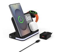 Réveil 4-en-1 avec Station de Charge sans Fil Compatible avec Samsung Galaxy S25 / Z Flip 7, Galaxy Watch7 / Watch Ultra, Buds3 Pro / Buds3 Pro, Charge Rapide et Port USB-C intégré，avec lumière LED