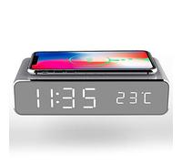 Réveil à LED sans fil avec chargeur sans fil Qi 5 W et thermomètre pour chambre à coucher, maison, bureau