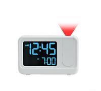 Réveil à projection de chevet, grand écran LCD avec réglage du volume de la luminosité, double alimentation, fonctionnement par USB, fonction snooze, mode week-end (blanc et blanc)