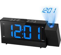 Réveil à projection numérique avec grand écran de 6,4 pouces 3-en-1 Réveil projecteur rotatif à 180 degrés avec double alarme et répétition Radio FM Chargeur de téléphone Affichage LED Diminution prog