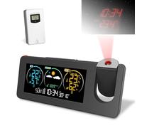 Réveil à projection, projecteur d'horloge numérique sur mur de plafond, station météo sans fil avec capteur extérieur, moniteur de température et d'humidité avec rétroéclairage coloré et prévisions