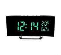 Réveil avec affichage LED indiquant l'heure, la température et l'humidité, trois options de luminosité, gradation automatique activée pendant les heures de nuit programmées (vert)