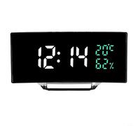 Réveil avec affichage LED indiquant l'heure, la température et l'humidité, trois options de luminosité, gradation automatique activée pendant les heures de nuit programmées (blanc et vert)