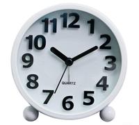 Réveil avec mouvement à quartz et boîtier en métal pour étudiants avec chiffres en relief et bouton poussoir (blanc)