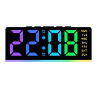 Réveil avec veilleuse RVB, double alarme, grand écran, batterie de secours, LED multicolore, 7 modes, deux alarmes, design minimaliste européen moderne pour chambre à coucher, salon (noir)