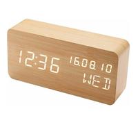 Réveil Bois Commande Vocale LED, USB Bambou Blanc, Double Usage, Sans Piles