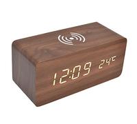 Reveil Bois, Réveil Dynamo avec Chargeur Induction Reveil Chargeur Induction Horloge Bureau Réveil numérique pour chambre à coucher, bureau à domicile (6.3 x 2.8 x 2.7in-Rouge)