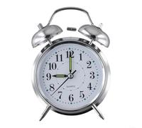 Réveil classique à double cloche avec finition chromée, grand cadran lisible, aiguilles lumineuses, trotteuse pour chevet