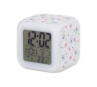 Réveil Cube Lumineux Blanc - Fleurs Rose Bleu Motifs Mignon Douceur - 7,8 x 7,8 x 7,8 cm - Retro Éclairage Multicolore LED