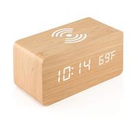 Réveil en bois avec chargeur sans fil compatible avec iPhone Samsung Horloge numérique LED en bois Fonction de...