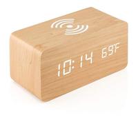 Réveil en bois avec chargeur sans fil Qi, compatible iPhone Samsung, horloge numérique LED, contrôle son, heure, date, température