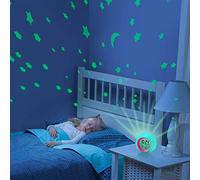 Reveil Enfant Réveil Educatif Jour Nuit Enfant Reveil Veilleuse 7 Couleurs Lumière avec Projecteur d'Étoiles, Lampe de Table et Rappel de Musique, Affichage de Heure et Température (Rouge)