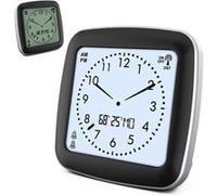 Fishtec Réveil Digital Numérique Radiopiloté - sans Tic Tac Silencieux (sans Aiguilles) Affichage Température/Jour/Taux humidité 7 Langues 2 Alarmes Rétroéclairage Compact 9 CM