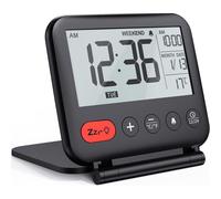 Fishtec Réveil de Voyage Mini Horloge Numérique LCD Portable avec Calendrier Rétroéclairé 12/24H - Fonction Température - Miroir - Petite Horloge de Bureau Pliable à Piles - Couleur Noir