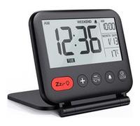 Fishtec - Réveil Numérique de Voyage Compact, Écran LCD 3,23", Heure 12/24h, Date, Température, Alarme Week-End, Snooze, Rétroéclairage Bleu, Miroir Pliable, ABS, Pile CR2032, 9x8,5 cm