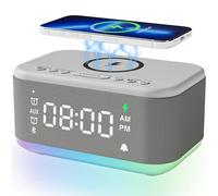 Réveil haut-parleur chargeur sans fil, réveil numérique Bluetooth pour chambre à coucher, lumière à intensité variable, double alarme, répétition, variateur d'intensité 12 24 h, lumière de nuit RVB