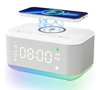 Réveil haut-parleur chargeur sans fil, réveil numérique pour chambre à coucher, Bluetooth, réveil à intensité variable, double alarme, répétition, variateur d'intensité 12 24 h, lumière de nuit RVB