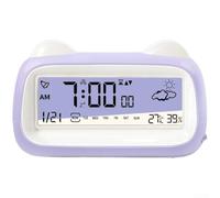 Réveil LCD transparent rechargeable par USB avec calendrier, compte à rebours, capteur de température et d'humidité pour un affichage précis de l'heure et de l'environnement (violet)