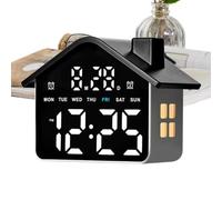 Réveil LED Forme Maison, Lampe de Nuit, Température, Compte à Rebours | 4 niveaux luminosité, °C/°F, compte à rebours 99:59, USB et 3 piles AAA, mémoire heure, 14,3x11x8cm, ABS, 300g.
