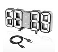 Réveil LED moderne 3D avec grand écran numérique, réveil électronique noir avec alimentation USB et batterie de secours, format 12/24 heures, luminosité automatique, montage mural ou sur table