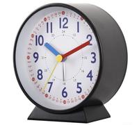 Réveil lumineux en métal silencieux 24 heures rond à quartz pour chambre à coucher et bureau (Noir)