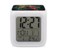 Réveil numérique à 2 perroquets colorés avec veilleuse à 7 couleurs changeantes LED à piles avec répétition tactile, contrôle de la température, lampe de chevet cube pour chambre à coucher, table de