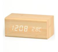 Réveil numérique à LED avec port de chargement USB, affichage à grands chiffres, luminosité réglable, alarme de réveil, calendrier, horloge de bureau - marron clair