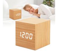 Réveil Numérique, avec Affichage électronique de L'heure LED en Bois, Horloge de Table, Réveil en Bois, Horloge Numérique Cubique à Commande Vocale pour Chambre à Coucher