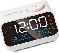 Réveil numérique avec grand écran LED 0-100% Dimmer Radio FM Sleep Timer Sound Machine Double alarme Snooze Thermomètre pour adultes, seniors et enfants