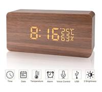 Réveil numérique - Bois - LED - 3 niveaux de luminosité - Rechargeable USB - Mixte