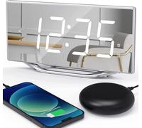 Réveil Numérique Bruyant pour Sourd, Horloge LED Numérique Digitale avec 8.7'' Surface Miroir, Reveil Matin Simple avec Port USB, Double Réveil, Volume & Gradateur Réglable, Snooze, 12/24H
