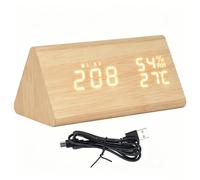 Réveil numérique de bureau en bois, réveils numériques LED intelligents avec heure, date, température, humidité, commande vocale, luminosité réglable, 11 alarmes, horloge de chevet (Bois de Bambou)