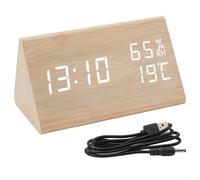 Réveil numérique en bois avec affichage LED lumineux pour l'heure, la température et l'humidité, avec une option pour basculer entre les formats 12 et 24 heures